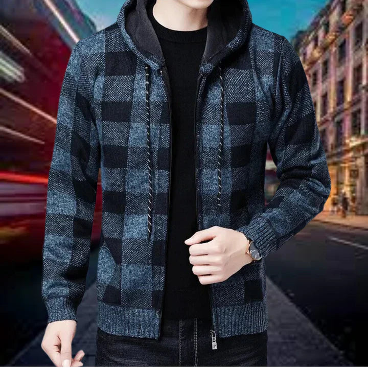 Garson - hochwertige strickjacke mit karierter kapuze