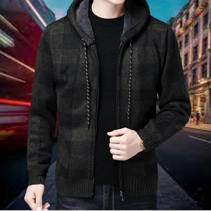 Garson - hochwertige strickjacke mit karierter kapuze