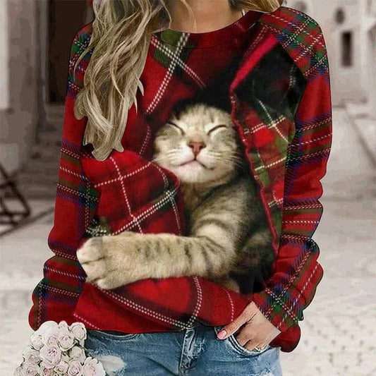 Kirschfarbenes, lässiges sweatshirt mit katzenprint