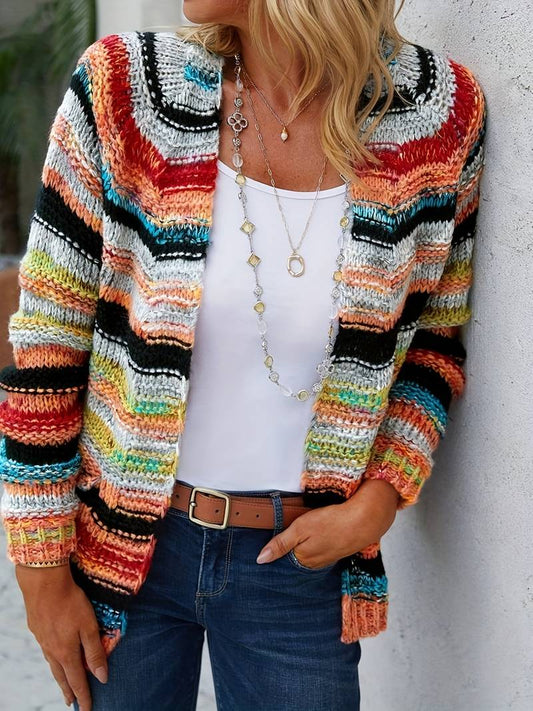 Zoe – strickjacke mit regenbogenstreifen und offener vorderseite