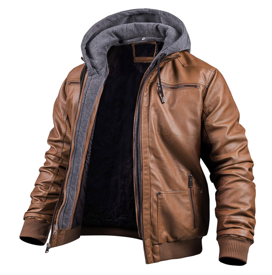 Stilvolle premium leder-winter-jacke mit kapuze